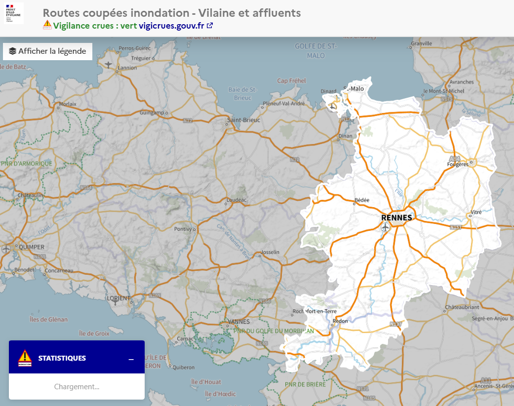 geobretagne app - Routes coupées inondation - Vilaine et affluents